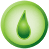 Green droplet icon on circular background.