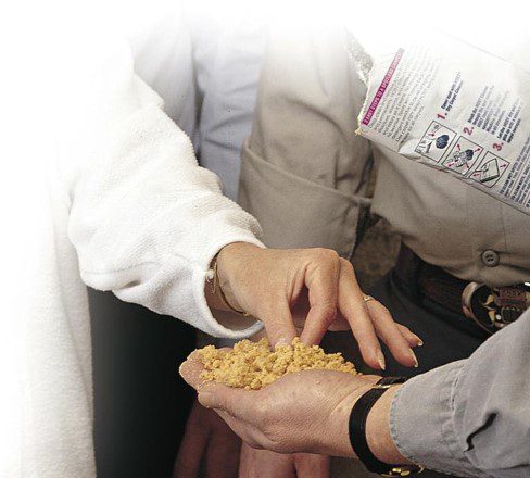 Two people sharing food by hand.