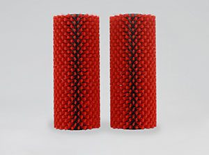 Two red textured cylindrical objects.