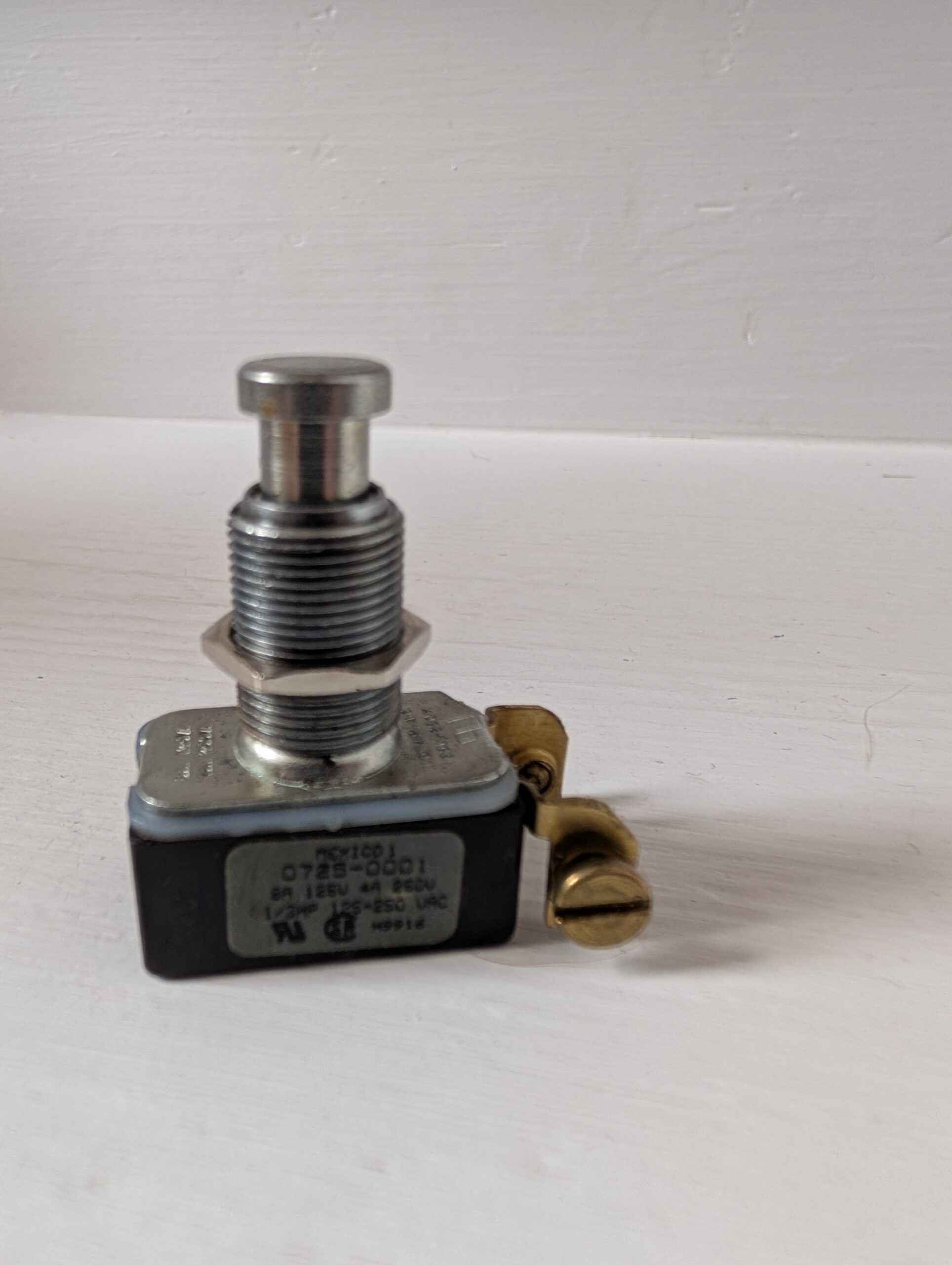 Close-up of a small industrial push button switch with a metallic plunger.